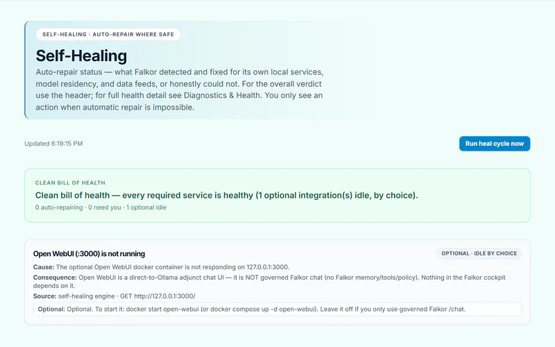 Falkor's Self-Healing page: a clean bill of health with every required service healthy, and one optional integration idle by choice, with its cause, consequence and source explained.
